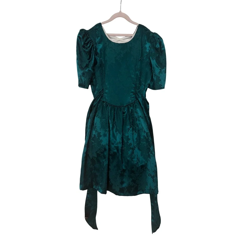 Vintage Disorderly Kids Emerald Green Floral Jacquard Dress Girls14 Made in USA